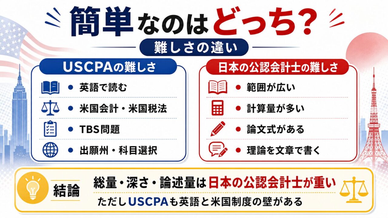 USCPA（米国公認会計士）と日本の公認会計士の試験内容を比較｜簡単